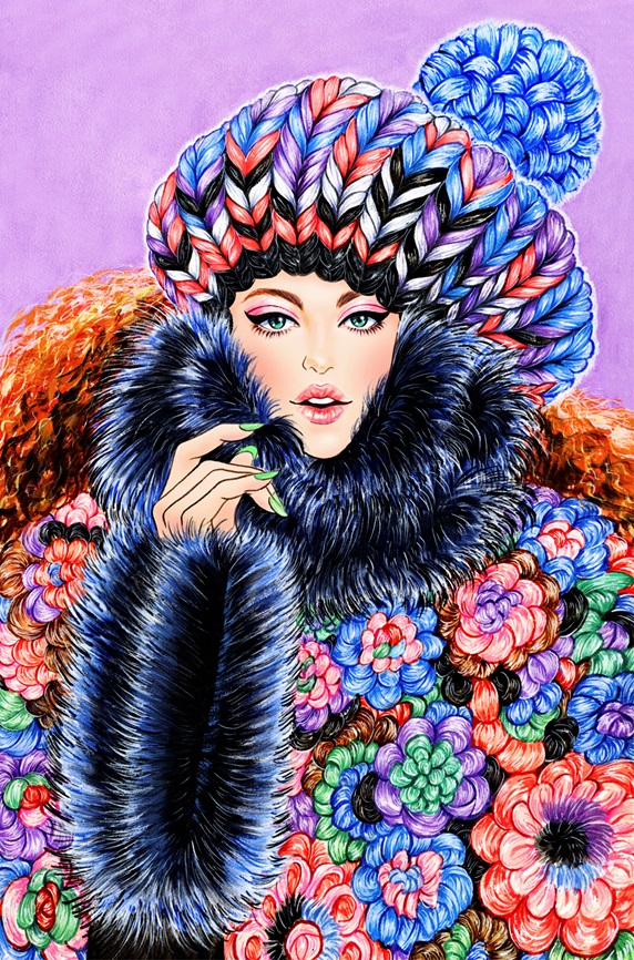 Fashion model wrapped in multicoloured hat and poncho with fur trim