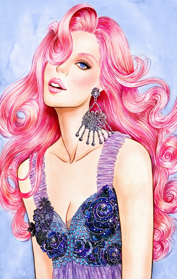 Glamorous woman with long pink hair
