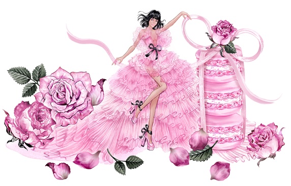 Woman in pink dress surrounded with roses and stack of pink macaroons