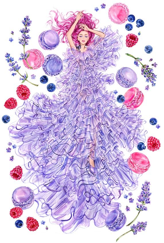Woman in ruffled dress surrounded lavender flowers, macaroons and berry fruit