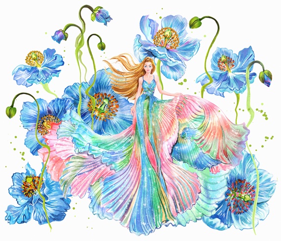 Woman in flowing multicoloured dress among huge flowers