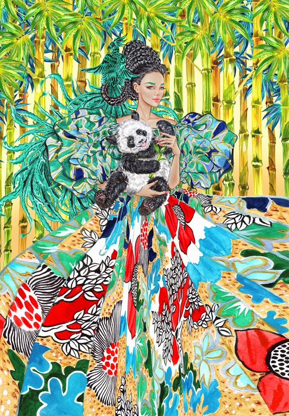 Fashion model in elaborate dress posing with panda cub and bird of paradise