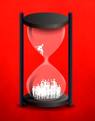 Silhouette of people falling in hourglass