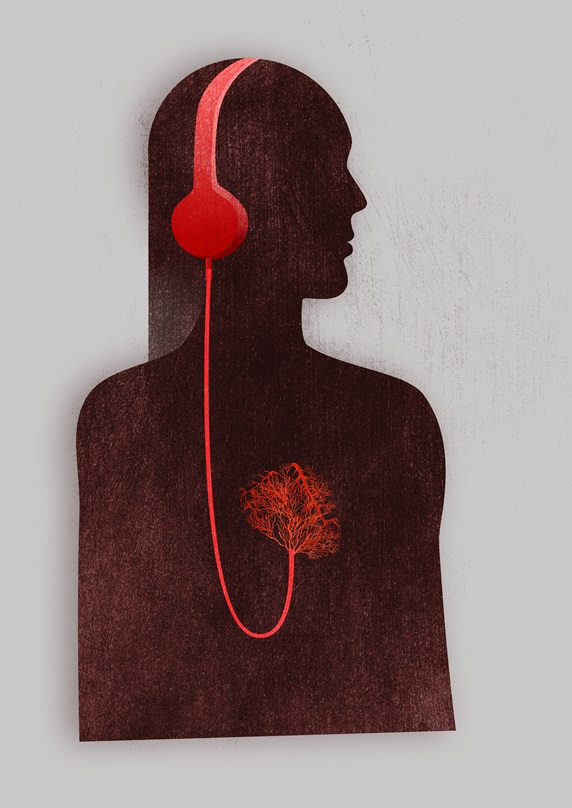 Silhouette of woman wearing red headphones connected to veins of heart