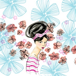 Woman in hair bun among flowers