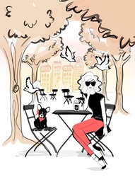 Fashionable woman sitting at table in sidewalk cafe with French bulldog puppy