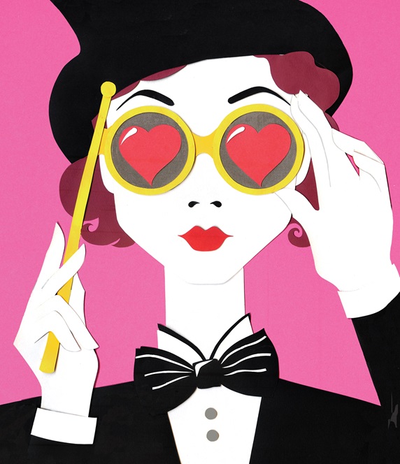 Portrait of woman wearing top hat, bow tie and glasses with red hearts, holding magic wand