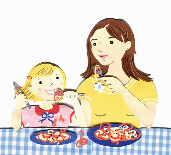 Mother and daughter eating spaghetti together