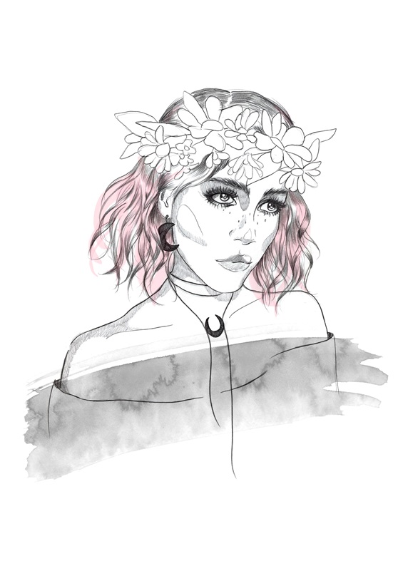 Portrait of sad woman wearing flower wreath
