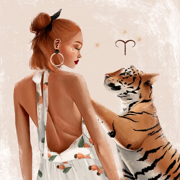 Fashion model with tiger and Aries zodiac sign