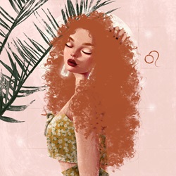 Fashion model with curly red hair and Leo zodiac sign