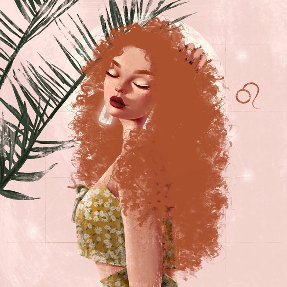 Fashion model with curly red hair and Leo zodiac sign