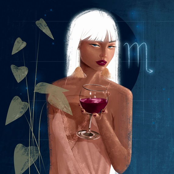 Fashion model drinking red wine and Scorpio zodiac sign