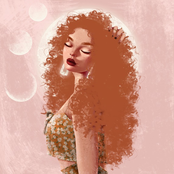 Fashion model with long curly red hair and eyes closed