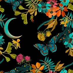Bright butterflies and flowers at night