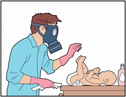 Father wearing gas mask to change baby's nappy