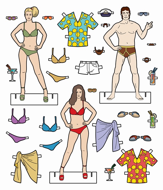 Male and female paper dolls with choice of holiday clothes