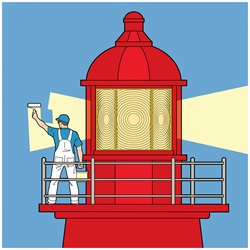 Decorator painting light beam on lighthouse