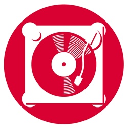 Record player in red circle on white background