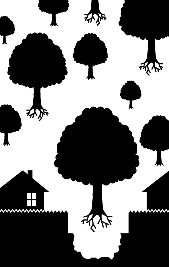 Trees flying above houses