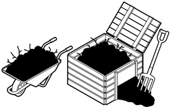 Compost in box and wheelbarrow