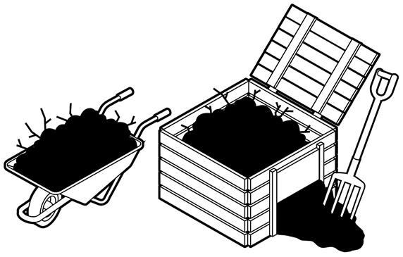 Compost in box and wheelbarrow