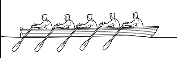 Five people rowing in regatta