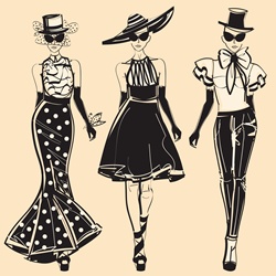 Three fashion models wearing elegant clothing