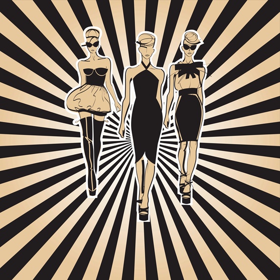 Three fashion models side by side approaching camera with striped background pattern