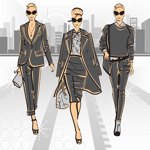 Three elegant fashion model businesswomen side by side approaching camera