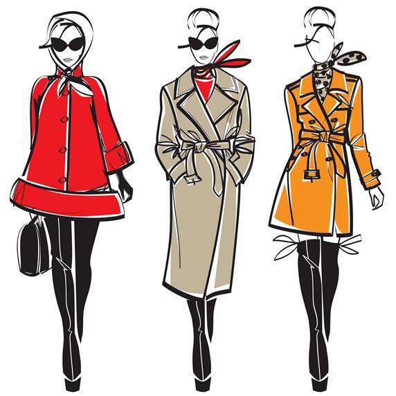 Three elegant fashion models side by side approaching camera wearing coats