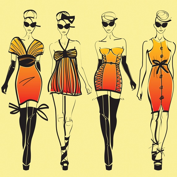 Four elegant fashion models side by side approaching camera wearing orange