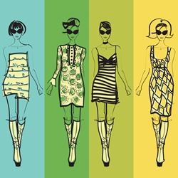 Four elegant fashion models side by side approaching camera wearing retro dresses