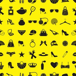 Pattern of black feminine clothing accessories on yellow background