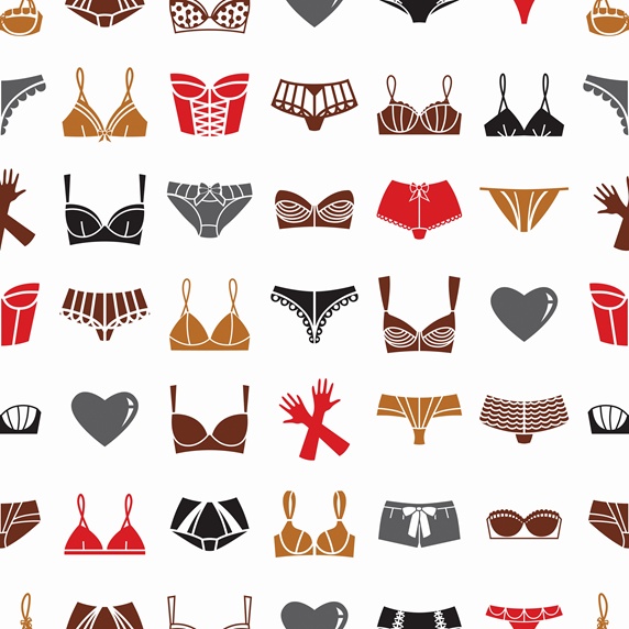 Pattern of different bras, panties and gloves on white background