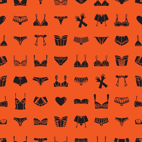 Pattern of different bras, panties and gloves on orange background