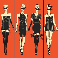 Four elegant fashion models side by side approaching camera wearing black dresses