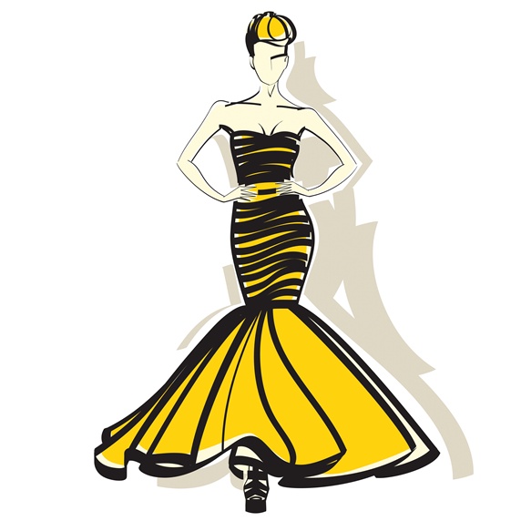 Elegant woman wearing yellow and black evening gown