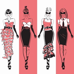 Four elegant fashion models side by side approaching camera wearing black and pink