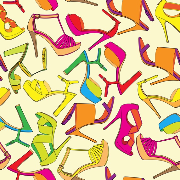 Pattern of lots of different multicolored high heel shoes