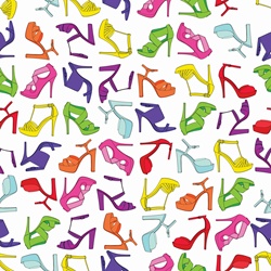 Pattern of lots of different multicolored high heel shoes