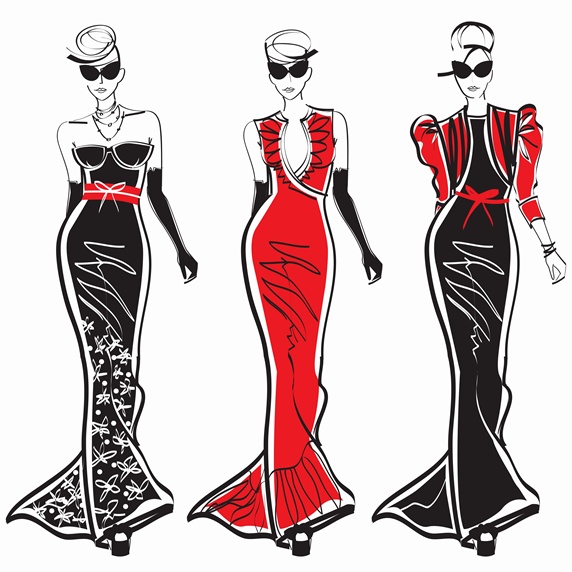 Three elegant fashion models side by side approaching camera wearing evening gowns