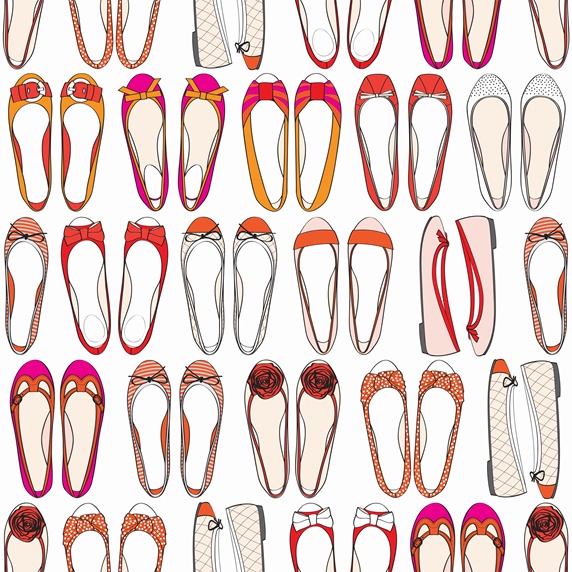 Rows of different ballet pump shoes