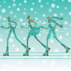 Fashionable young women ice skating in a row carrying christmas tree