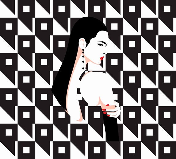Sad, contemplative woman in geometric black and white pattern