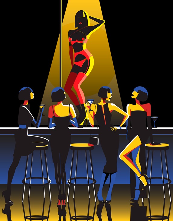 Women watching pole dancer in nightclub bar