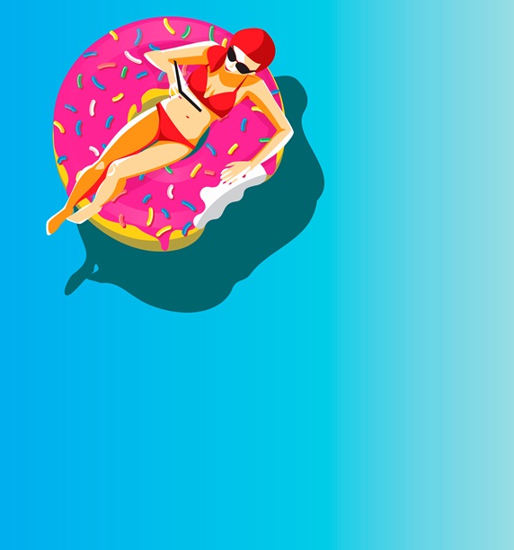 Woman reading book floating on doughnut shaped inflatable ring