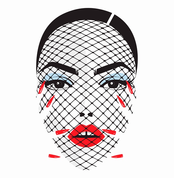Beautiful woman's face behind net veil