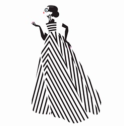 Fashion model posing in black and white striped evening gown