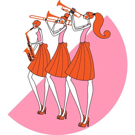 Women playing wind instruments against pink semi-circle